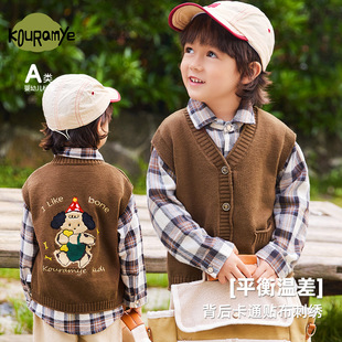 Coowa Mi's New Autum Style Retro Cartoon Embroidered Bear Casual V Neck Knitted Vest Vest for Children and Middle-Aged Children