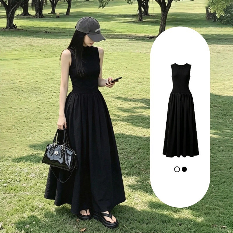 Black Textured Hepburn-Style Long Dress for Women, 2026 New Summer Model, Waist-Cinching, Slimming, Height-Enhancing, Sleeveless Tank Dress