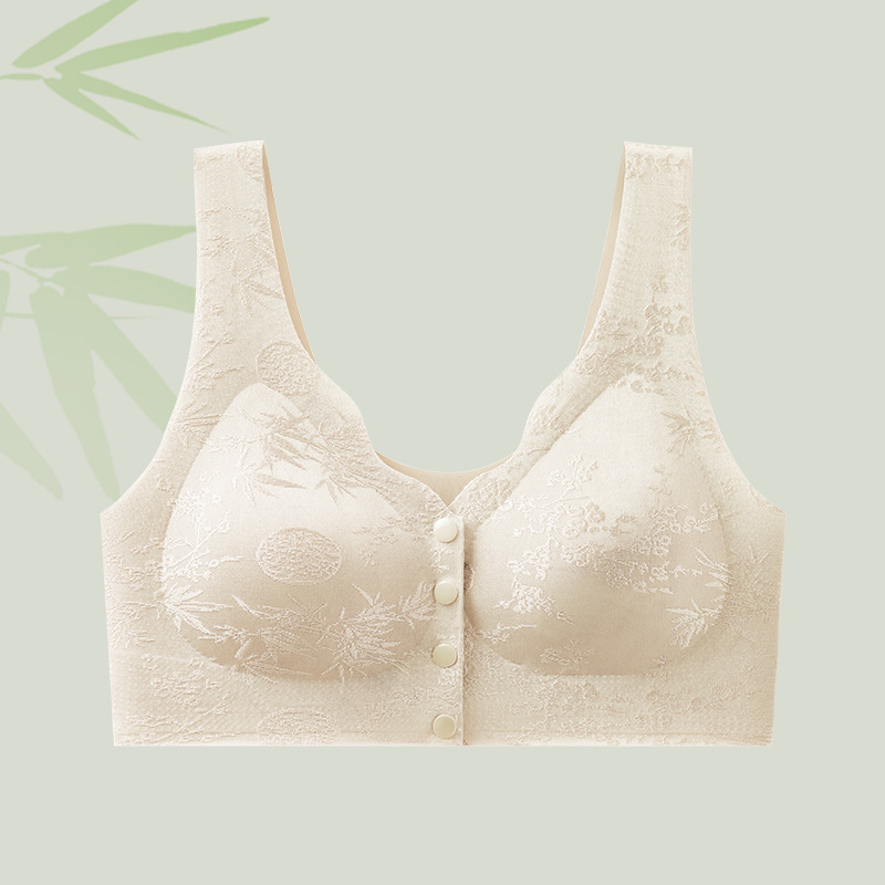 中高年向け中国風レリーフジャガードブラジャー、ノンワイヤー、副乳縮小、大きな胸、小さく見える、フロントボタン、ママのシームレス下着|undefined