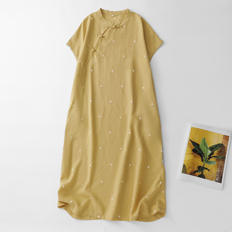 2026 New Chinese Style Summer Linen Zen-Inspired Moon Sleeve Blouse Printed Dress