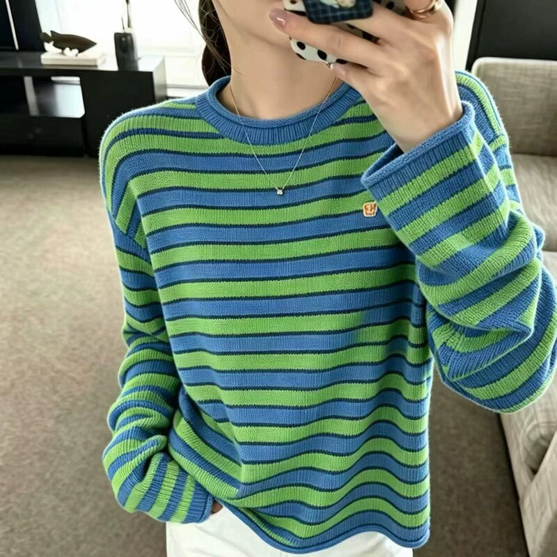 Designer sweater for women, early autumn new collection, Korean-style fashionable and trendy, featuring a matchstick man design and striped pattern Designer sweater for women, early autumn new collection, Korean-style fashionable and trendy, featuring a matchstick man design and striped pattern