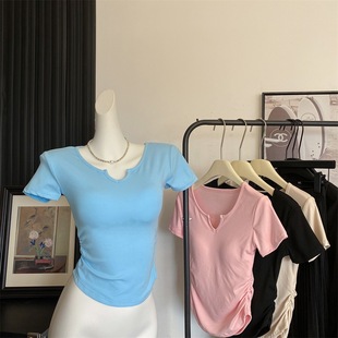 New style rayon solid color neckline Korean V-neck design sweet double-sided pleated with chest pad breathable short sleeve top