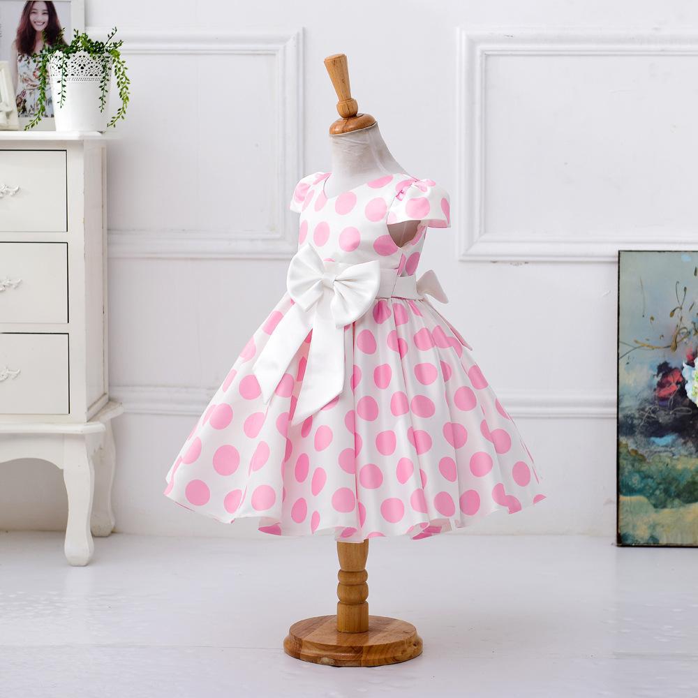 Vestido infantil europeo y americano con mangas voladas y lunares, vestido de princesa de satén con lazo para niña pequeña. image 4