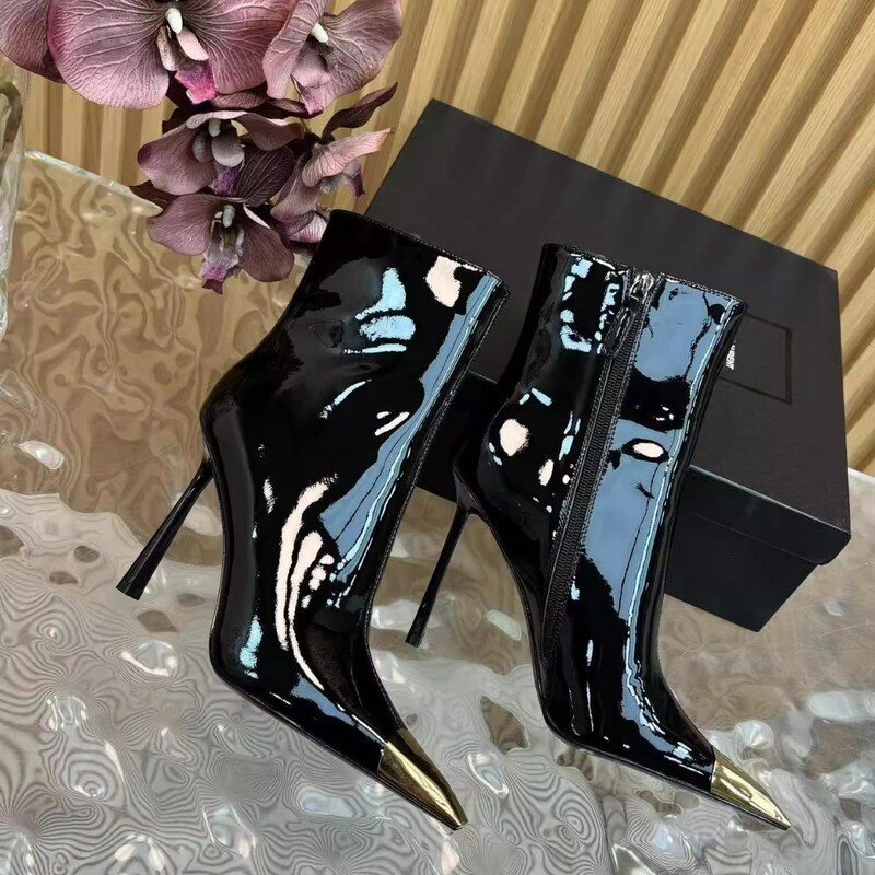 A Pair of Pointed-Toe Black High-Heeled Short Boots for Women, Same Style as Park Chae Young, with Thin Heels That Are Comfortable, Patent Leather Boots with Metal Elements