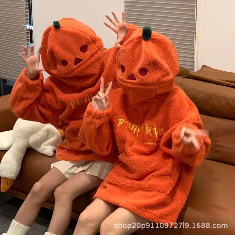 Pumpkin Fleece Sweater Lamb Fleece Unisex Tribal Niche Design Quirky Social Anxiety Sweatshirt Autumn Winter Gender-Neutral