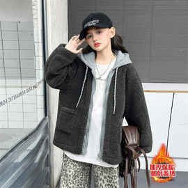 女童秋冬加厚毛毛衣2025新款大儿童洋气冬装假两件羊羔毛连帽外套