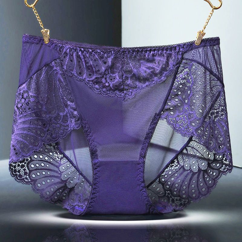 Women's 3-pack underwear sexy lace mid-waist Ice Silk seamless cotton crotch transparent plus size briefs thin