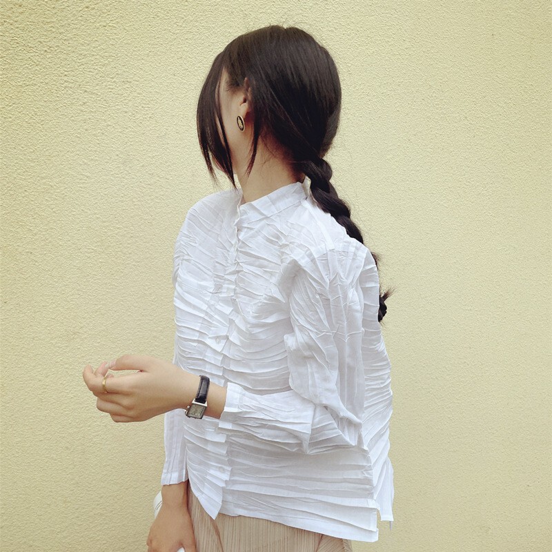 Japanese pleated [light paper] pleated stand collar jacket shirt/top for women