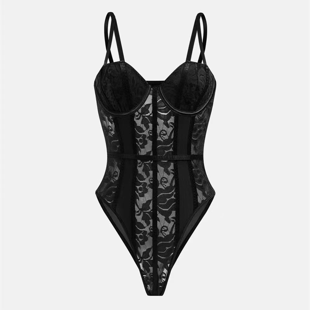 2024 modelos de otoño europeo y americano, tirantes sexy ajustados, chicas calientes, mono de encaje transparente, corsé con anillo de acero