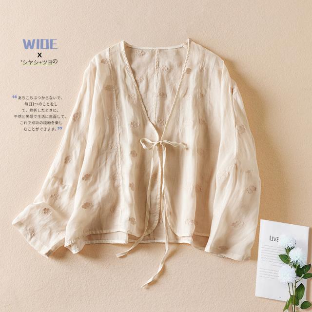 Department Store Clearance: Vintage Cotton-Linen Embroidered Shirt for Women, Autumn Season, Tie-Neck, Slim-Fit, Casual Top, Lightweight Style Department Store Clearance: Vintage Cotton-Linen Embroidered Shirt for Women, Autumn Season, Tie-Neck, Slim-Fit, Casual Top, Lightweight Style