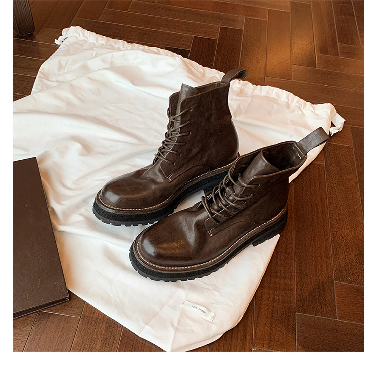 2023 New High End Washed Horse Skin Shrink Pattern Round Head British Thick Sole Knight Boots Lace Up Martin Boots_voghion.com