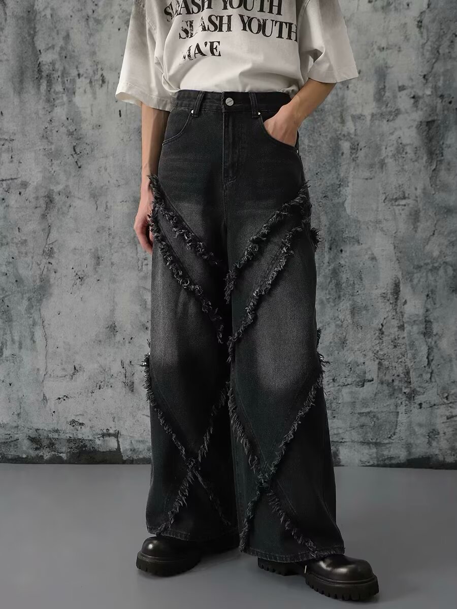 Unisex High Street Vintage Washed Distressed Patchwork Jeans Relaxed Wide Leg Straight Denim Pants for Men And Women_mkmklike.com