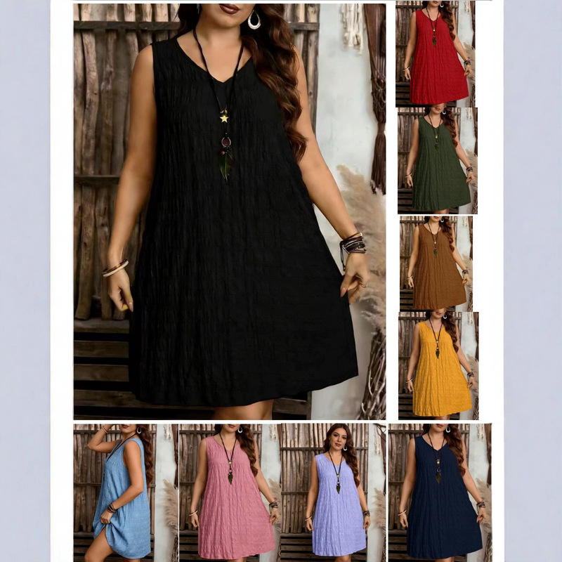 European and American Plus-Size Pleated Solid Color Sleeveless V-Neck Women's Dress European and American Plus-Size Pleated Solid Color Sleeveless V-Neck Women's Dress