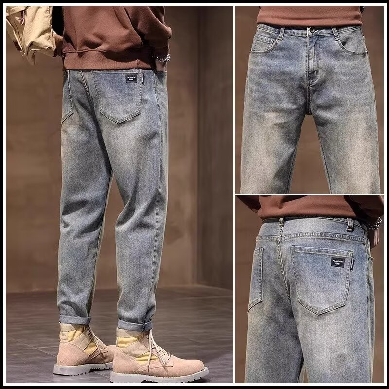 2024 otoño nuevos hombres estilo americano retro lavado de pierna ancha jeans-escalera amarilla-N929-T032-P45