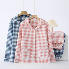 秋冬加厚格子睡衣日系三层夹棉空气棉家居服情侣简约纯棉睡衣