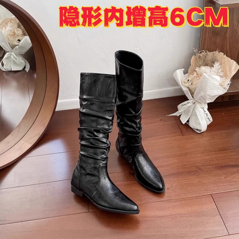现货~内增高6cm堆堆靴女春秋季长靴骑士靴长筒靴小个子西部牛仔靴|undefined