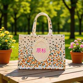 2026新款D家花团锦簇帆布刺绣手提包大容量托特包女士单肩购物袋