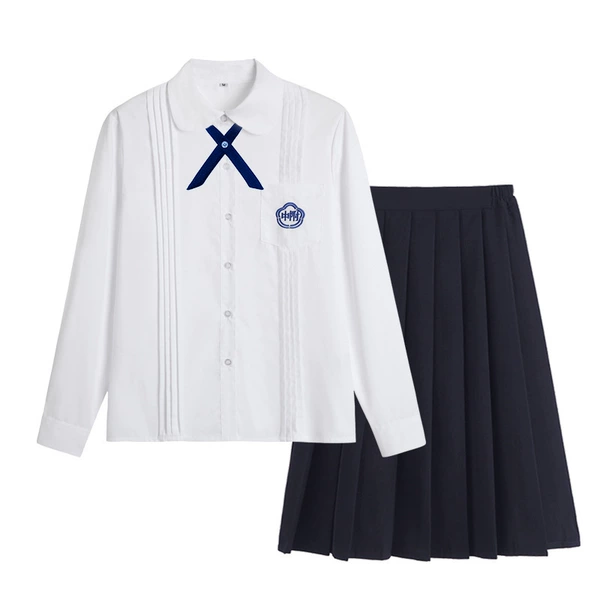 Girls' high school shirt with long sleeves + cross knot + YKK cyan skirt