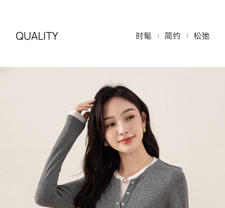 Áo thun giả hai mảnh nữ cổ tròn, chất len Tencel mỏng nhẹ, phối màu patchwork — đen chi tiết 2