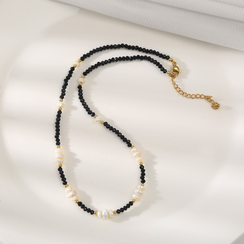 Unusual Baroque Freshwater Pearl Black Tourmaline Necklace Niche Personality Internet Famous Retro Black Crystal Choker for Women 