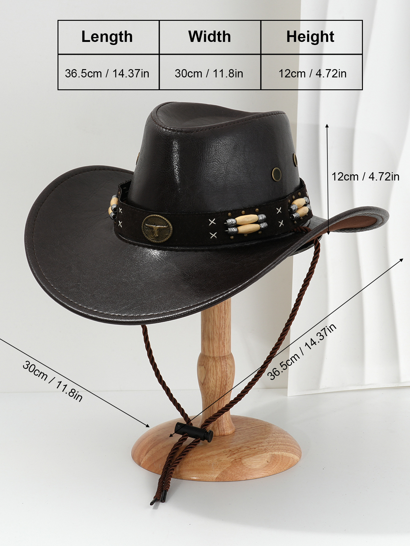 Retro Western Cowboy Hat For Men Pu Leather With Metal Beading_voghion.com