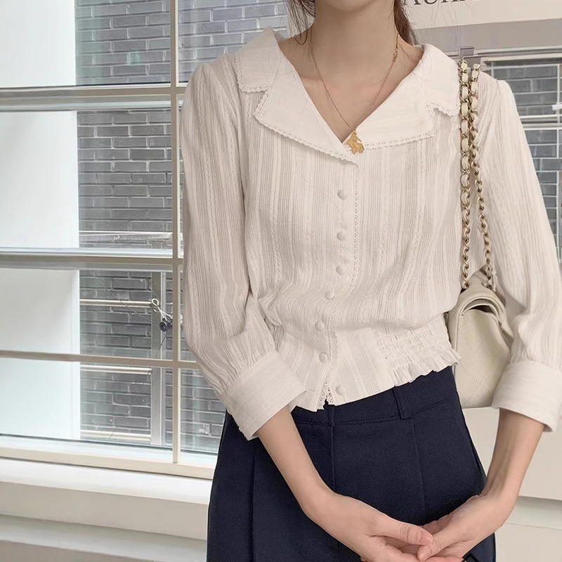 in stock White Chiffon Shirt Spring Women's French Style Lace Seven-point Sleeve Loose Shirt maybeba * y