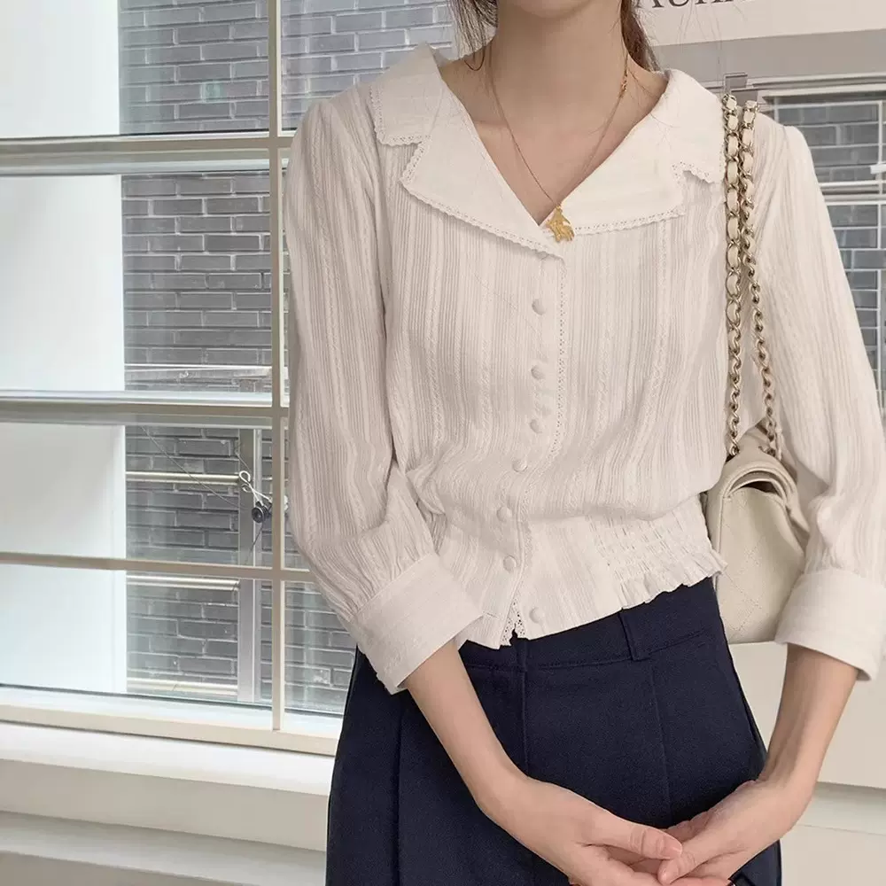现货 白色雪纺衬衫春季女法式蕾丝花边七分袖宽松衬衣maybeba*y