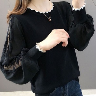 Spring and summer new 200kg plus size foreign style women's top chiffon lace stitching Korean lantern sleeve outer wear base shirt