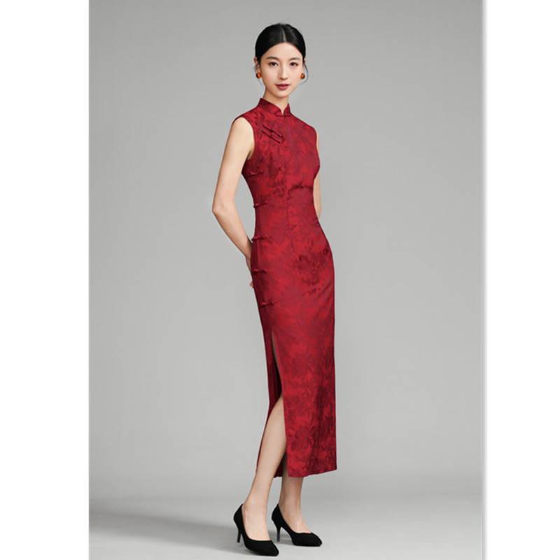 雙面提花長款無袖紅色旗袍2025春夏新款新娘紅裝新中式訂婚旗袍裙