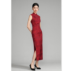 雙面提花長款無袖紅色旗袍2025春夏新款新娘紅裝新中式訂婚旗袍裙