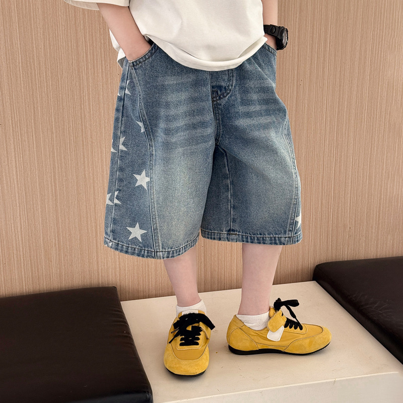 Children's Summer Denim Shorts Boys' American Retro Star Print Shorts Washed Loose Wide-Leg Knee-Length Trendy Pants