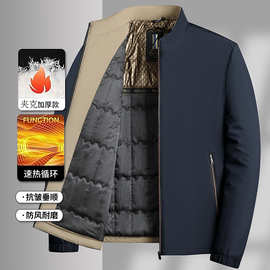 秋冬新款休闲男士棉服中年爸爸装立领外套男加绒加厚保暖纯色夹克
