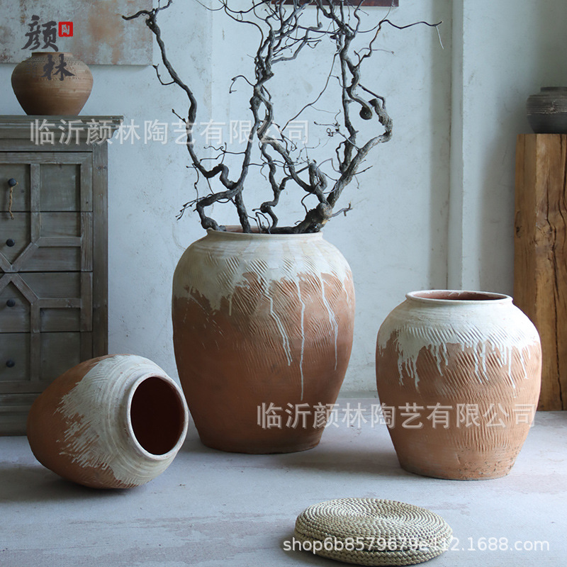 Botella de cerámica gruesa de tierra gran vaso de estómago de cerámica silenciosa decoración paisajística de alojamiento residencial botella de cerámica china decoración Zen retro