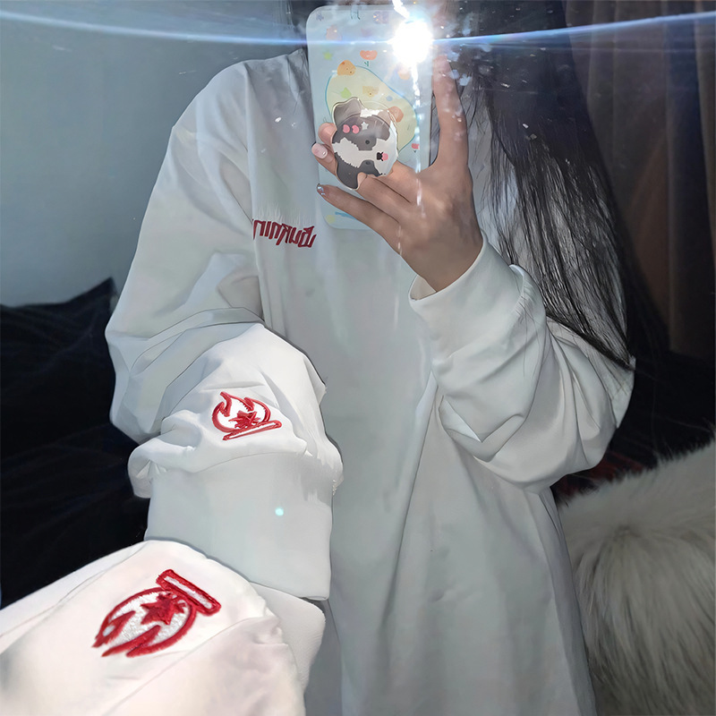 小火苗卫衣男圆领春秋打底衫美式高街刺绣设计感重磅纯棉长袖T恤|undefined
