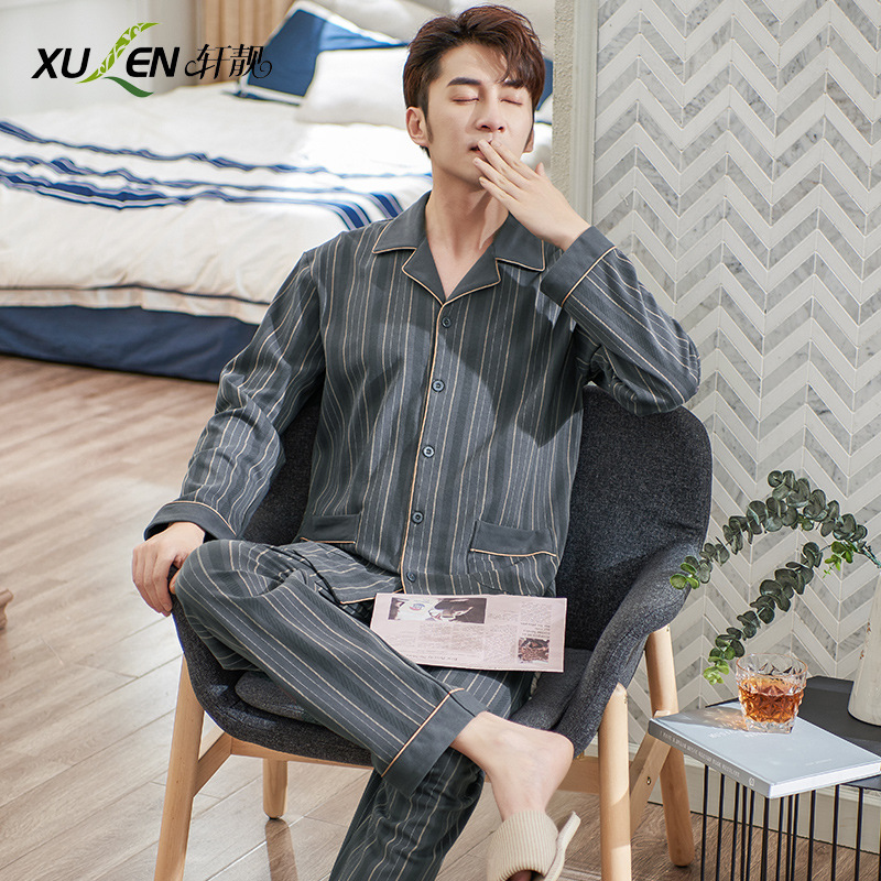 Pijamas de los hombres de primavera y otoño 100% algodón manga larga más tamaño desgaste del hogar Otoño e Invierno traje de algodón fino