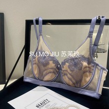 法式刺绣蕾丝性感内衣女软钢圈防下垂超薄款水晶杯大胸显小文胸罩