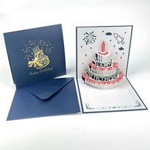 新款打开会发光有音乐3D立体生日蛋糕贺卡蓝色红色可打印祝福内容