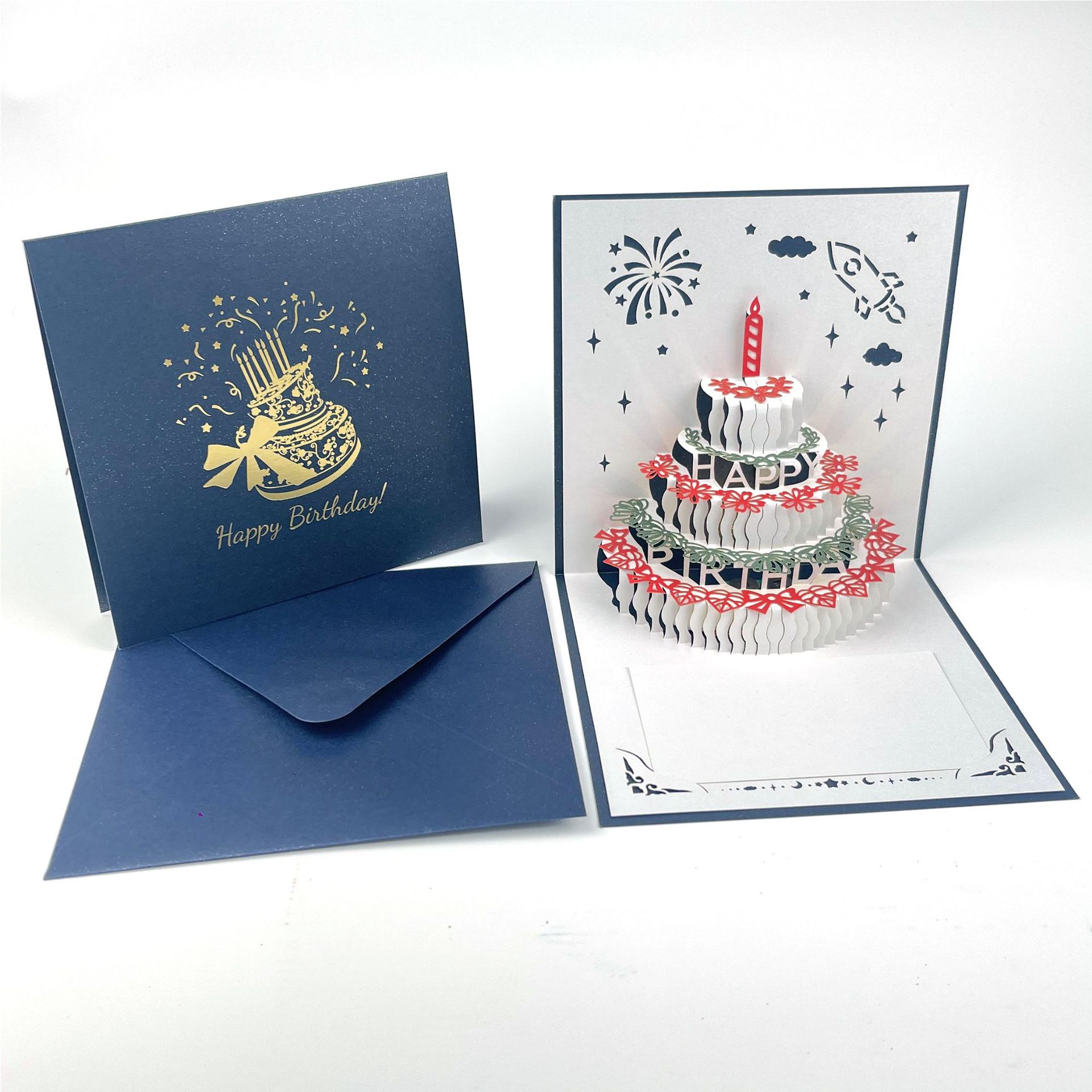 新款打开会发光有音乐3D立体生日蛋糕贺卡蓝色红色可打印祝福内容