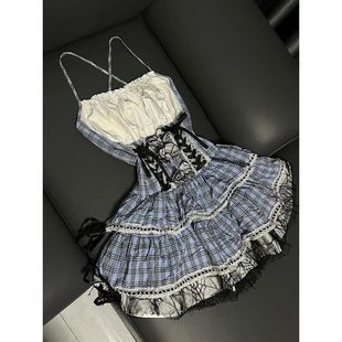 vintage 古着蕾絲拼接藍色格子吊帶連衣裙新款小眾系帶洛麗塔蛋糕