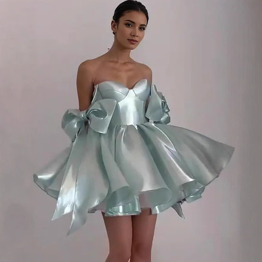 Solid Color Suspender Evening Dress Bow Design Short Dress Birthday Party Prom Petite Dress for Women