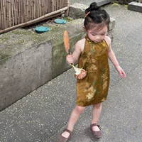 Cheongsam для девочек в китайском стиле Hanfu шея юбка чонсам летняя маленькая девочка ретро китайская юбка из бамбуковых листьев