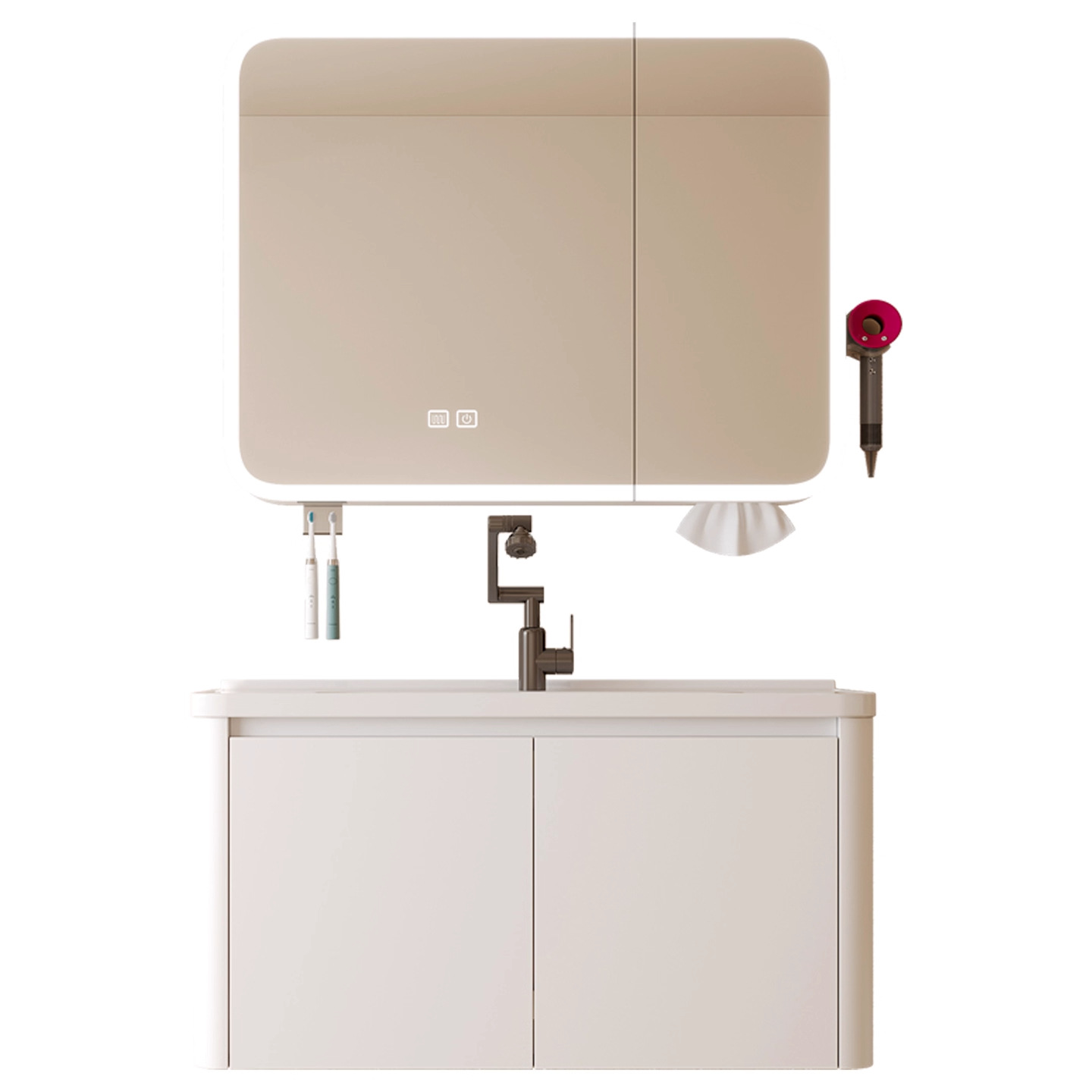 Gabinete de baño de abeja de aire de crema, gabinete de baño de cerámica combinado, lavabo de lavado de mano integral con gabinete lateral, gabinete de espejo de belleza