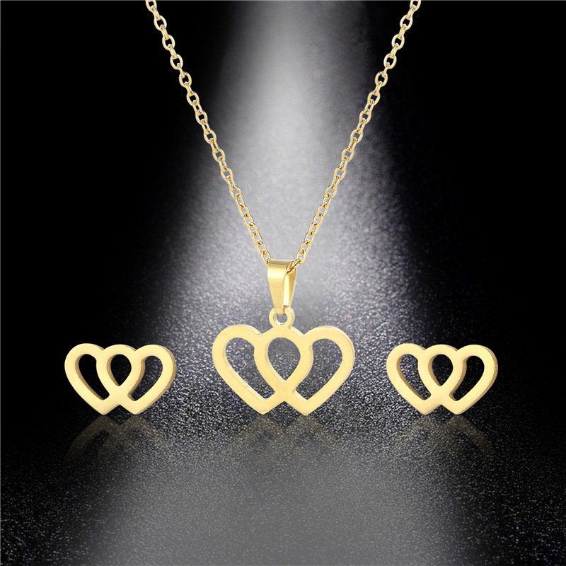 Double Love Necklace And Earrings Set 18k Gold Stainless Steel Two-piece Jewelry display picture 4