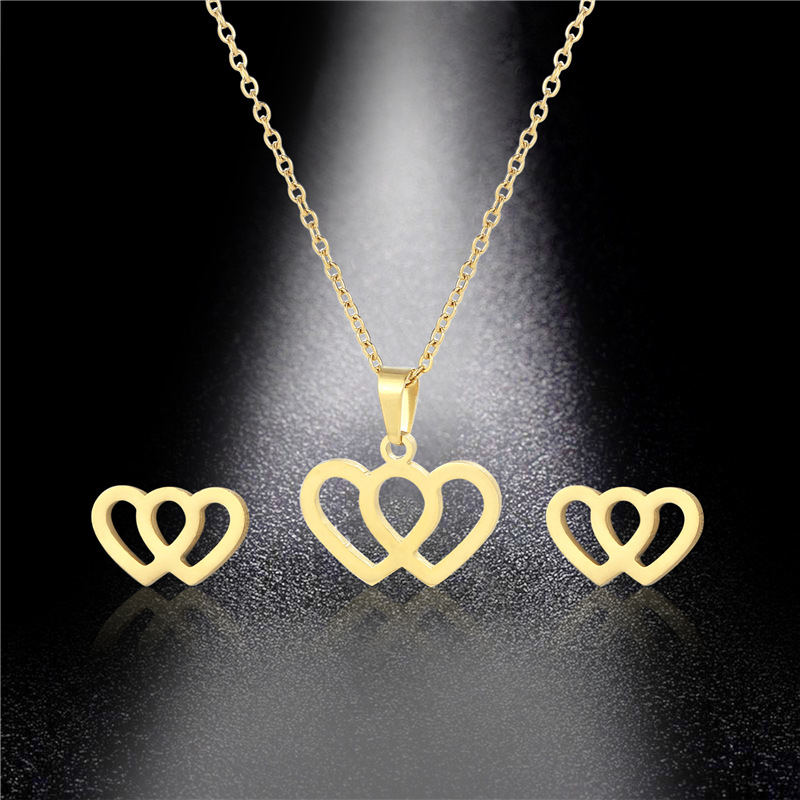 double love necklace and earrings set 18K gold stainless steel two-piece jewelry