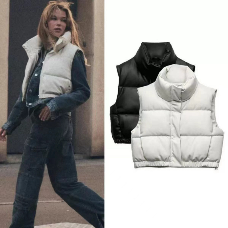 Autumn and Winter New PU Leather Simple Down Cotton Vest 2024 Winter New Western Style Student Small Collar Solid Color Jacket