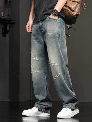 Retro personality holey frayed denim pants for men, thin, loose wide-leg distressed floor-length individual straight-leg pants