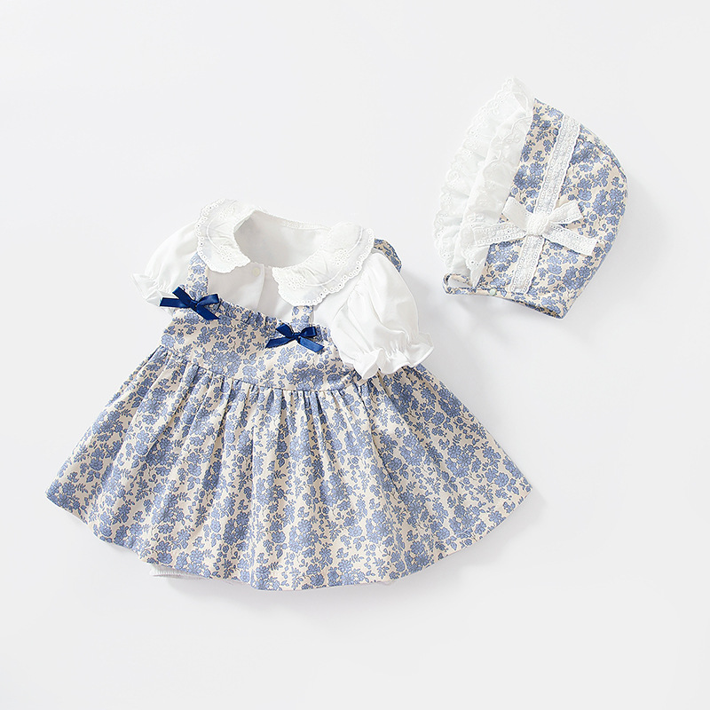 Falda de bebé púrpura impreso de manga corta falda de tirantes de encaje solapa dulce dama verano niña bolsa pedo vestido