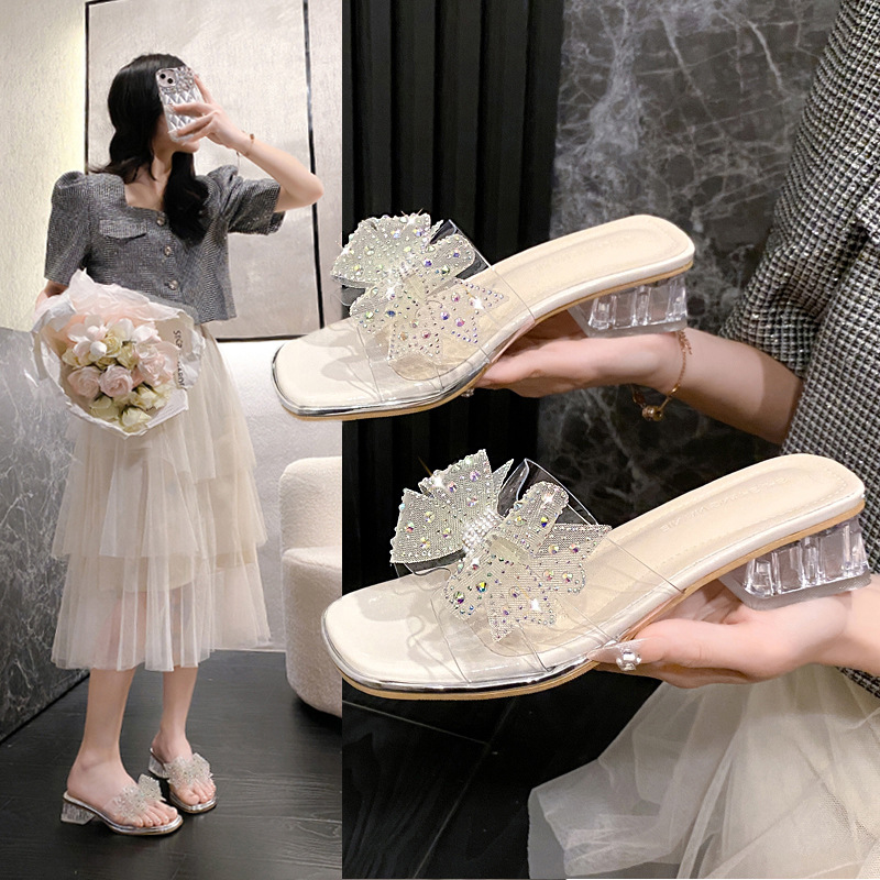 2025 Summer New Bowknot For Women, Outdoor Mid-Heel Rhinestone Gentle Style Transparent High-Heel Sandals_vogvips.com