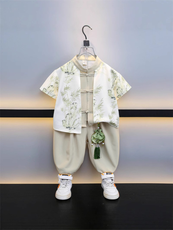 男の子韓服夏半袖スーツ 2025 新しい子供服中国風シャツボタン唐スーツツーピーストレンディセット|undefined
