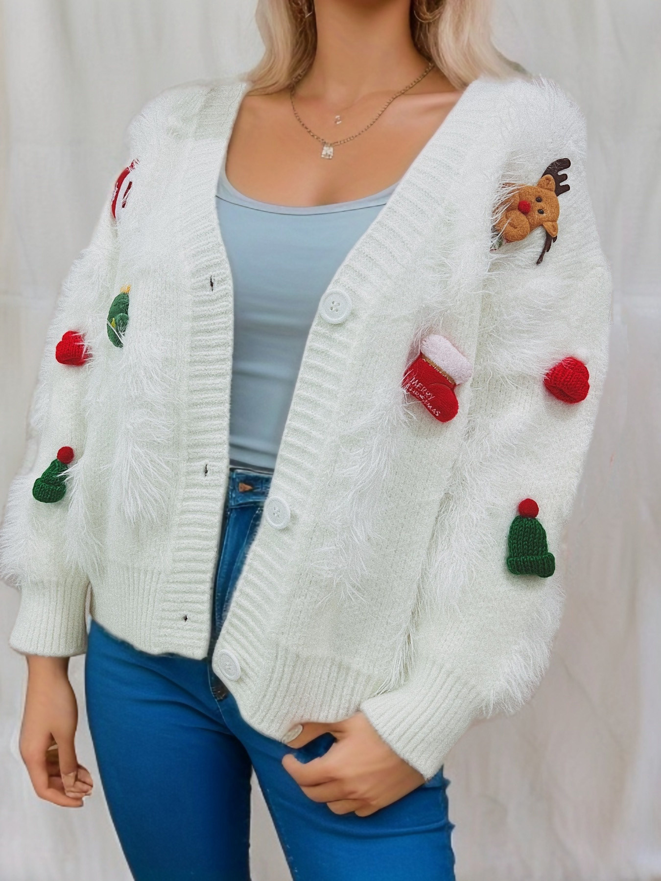 Abbigliamento da donna Maglione rosso di Natale per Capodanno in velluto di visone Decorazione natalizia tridimensionale Giacca cardigan monopetto per donna_voghion.com